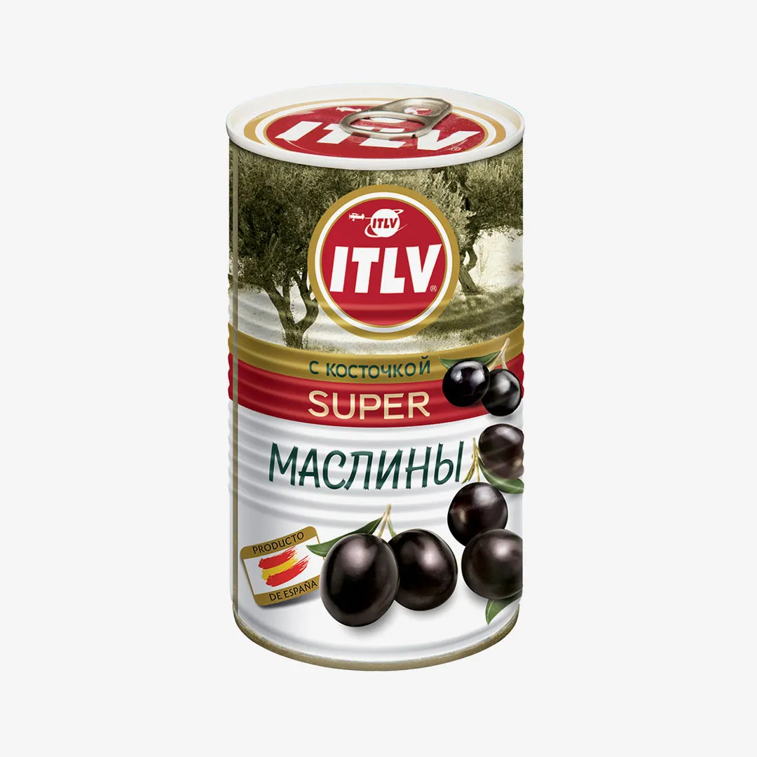 Маслины ITLV super черные с косточкой, 370 мл
